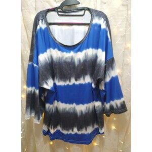UNBRANDED WOMENS 5XL BLUE BLOUSE TIE DYE WAVY SCOOP 3/4 SLEEVE RELAXED CASUAL